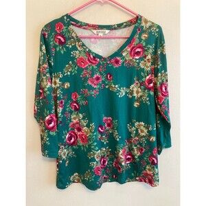 The Pioneer Woman Green Floral Women’s Blouse 3/4 Sleeve V Neck Size Medium